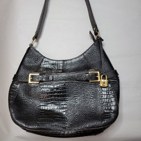 Vintage Etienne Aigner Black Embossed Leather Hobo Bag | Gold Buckle Accents - Picture 3 of 11